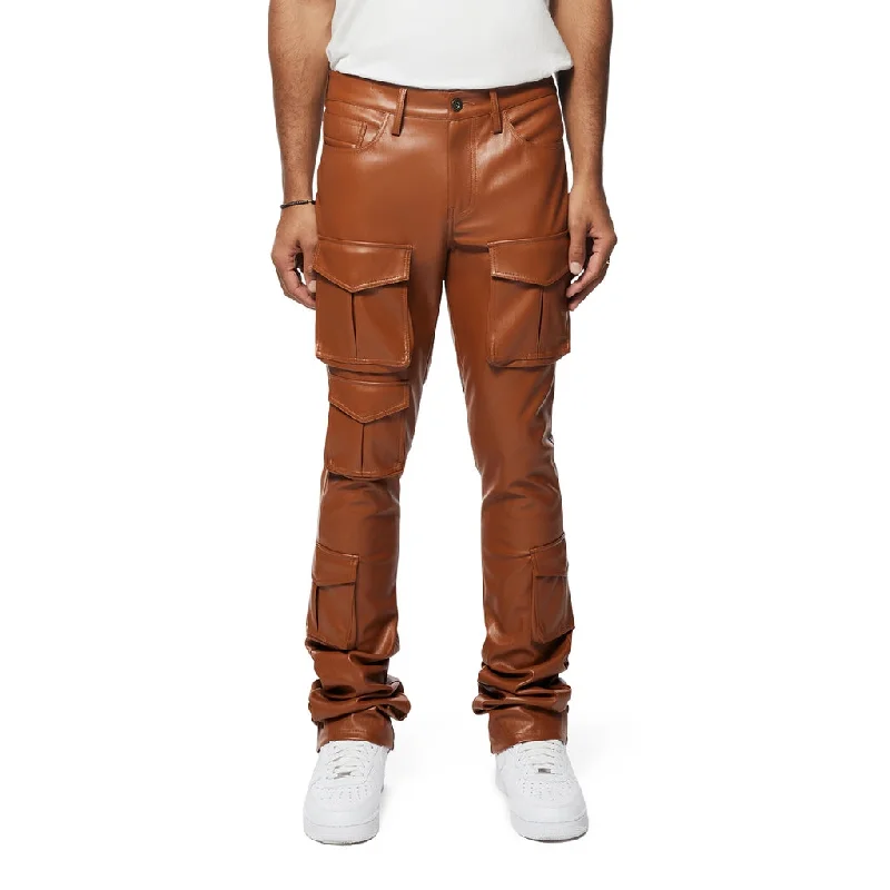 Vegan Leather Stacked Utility Pants - Cognac