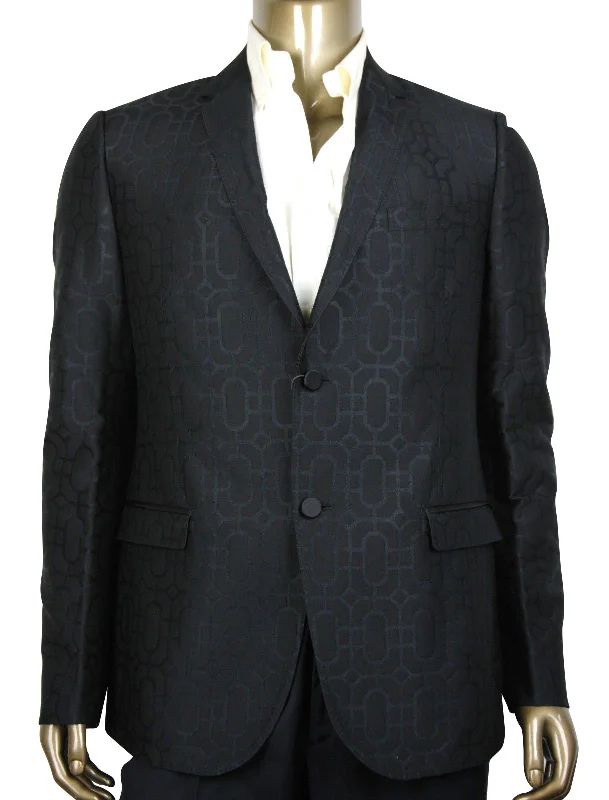 Gucci Men's Emerald Jacquard Dylan 60 Black Wool Silk 2 Buttons Jacket