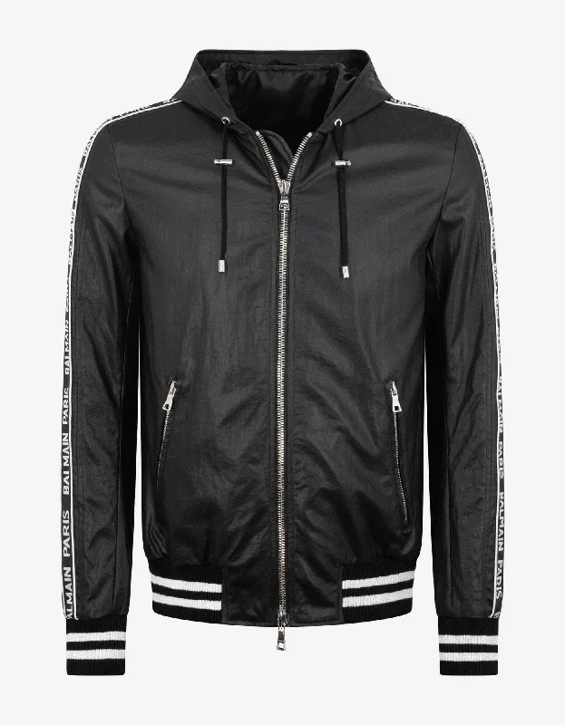 Balmain Black Coated Nylon Logo Band Jacket