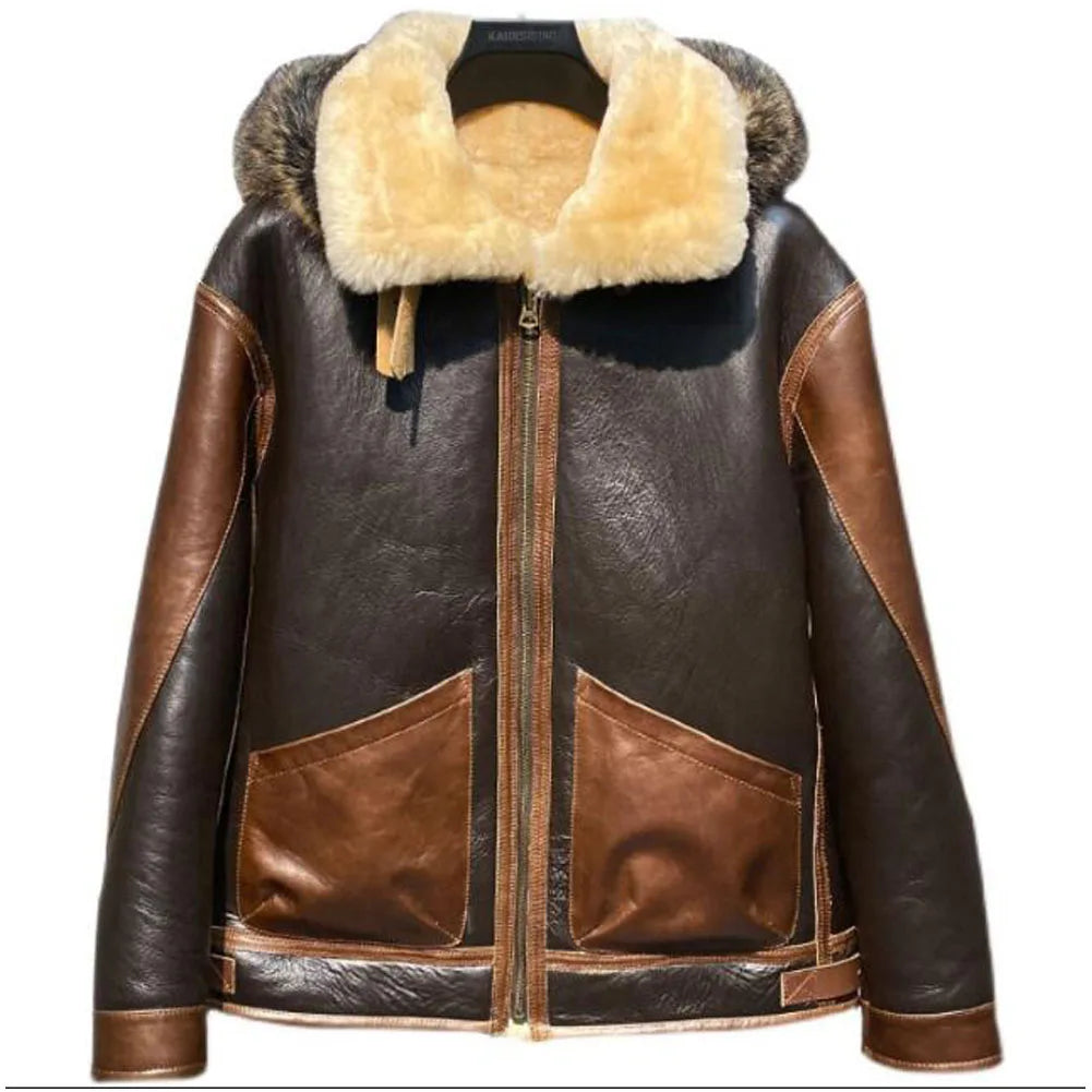 Genuine Leather Detachable Fur Hooded Casual Style Jacket for Men