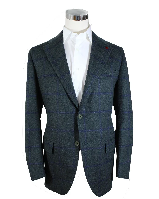 Isaia Sport Coat Dark Green Midnight Blue Windowpane - Wool Cashmere EU 56/ US 46