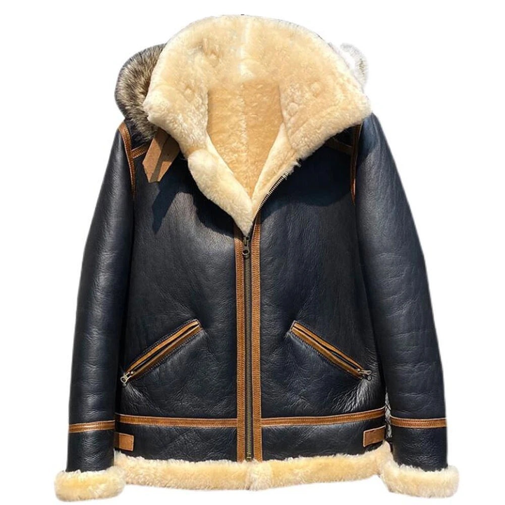 Men's Detachable Fur Hooded Thick Warm Shearling Sheepskin Leather Jacket