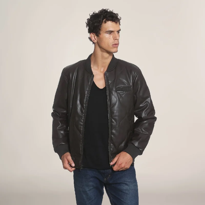 Men's Faux Leather Oval Quilted Bomber Jacket