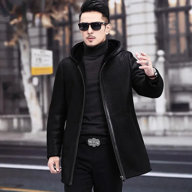 Men's Natural Fur Genuine Leather Medium Long Hooded Winter Coat