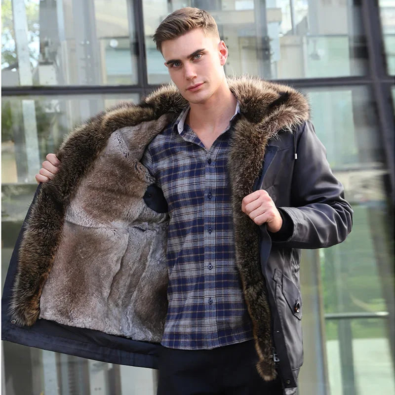 Men's Rabbit Fur Lined Solid Pattern Real Raccoon Winter Coat