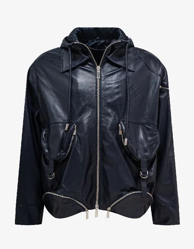 Off-White Navy Blue Arrow Multi Pocket Zip Leather Jacket