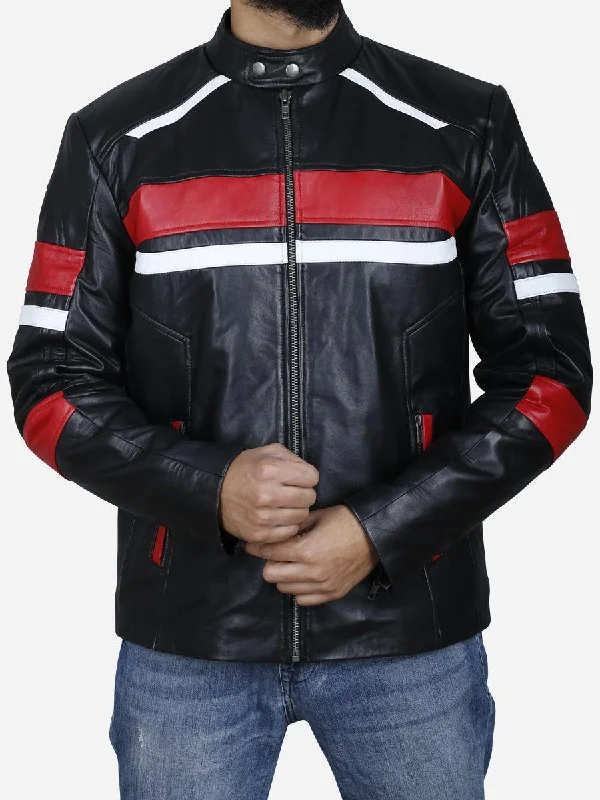 Daryl Men's Red and White Striped Retro Cafe Racer Leather Jacket