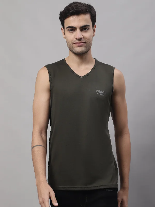 Vimal Jonney Regular Fit Dryfit Lycra Solid Olive Gym Vest for Men