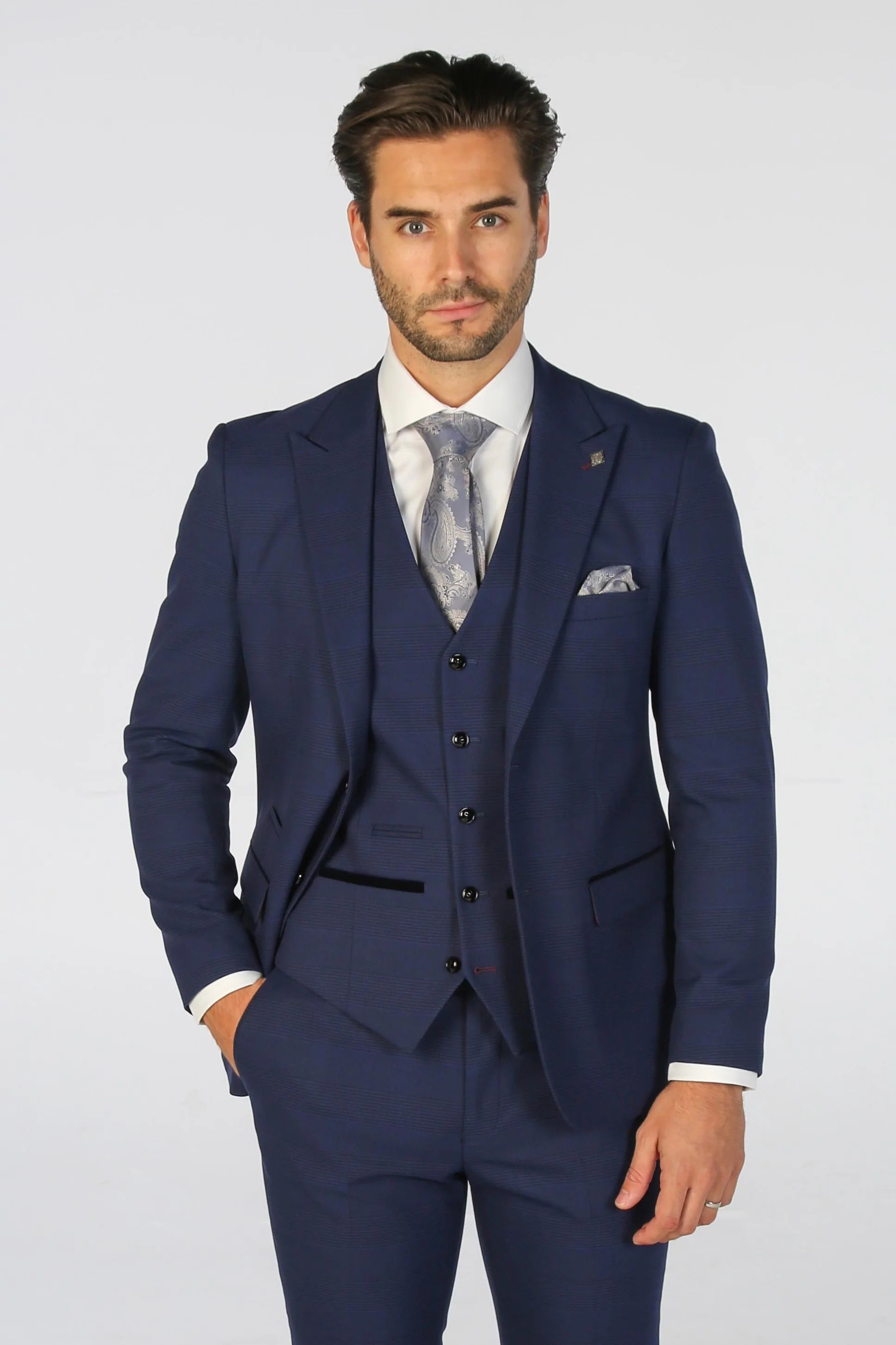 Mark - Men's Navy Blue Checked Tailored Fit Blazer