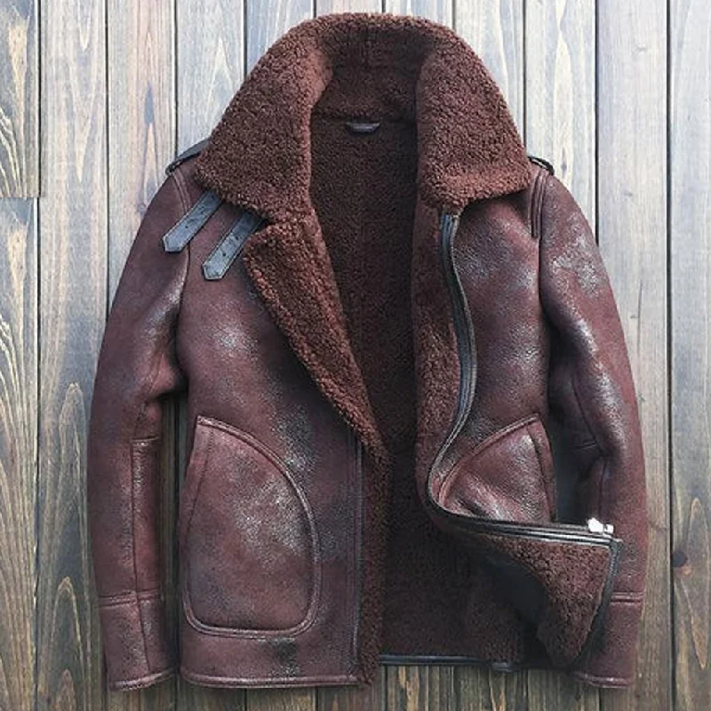 Men Brown B3 Bomber sheepskin shearling leather wool jacket