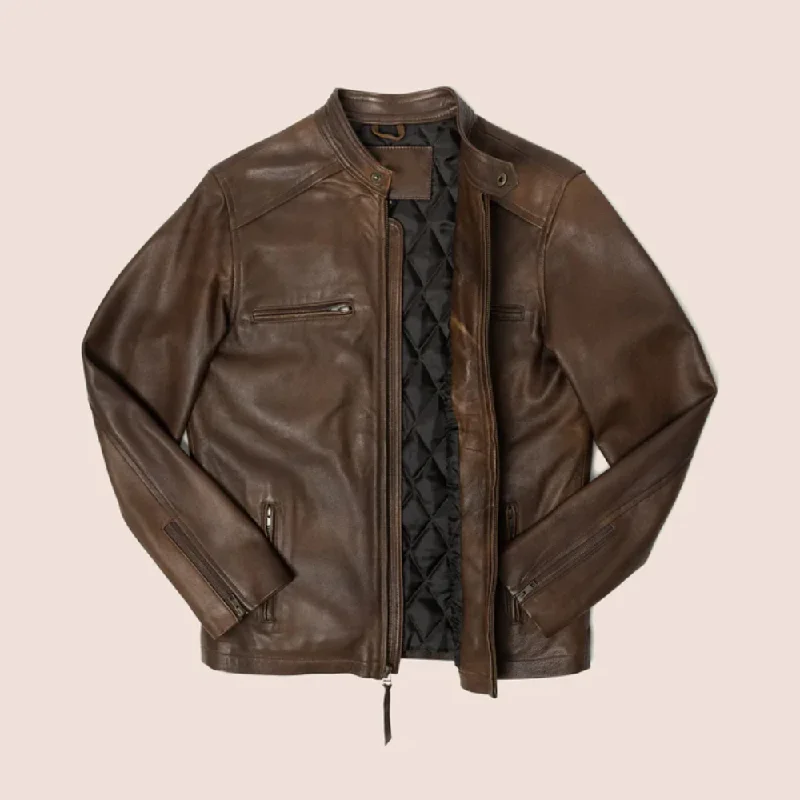 Mens Brown  Lambskin Leather Motorcycle Jacket