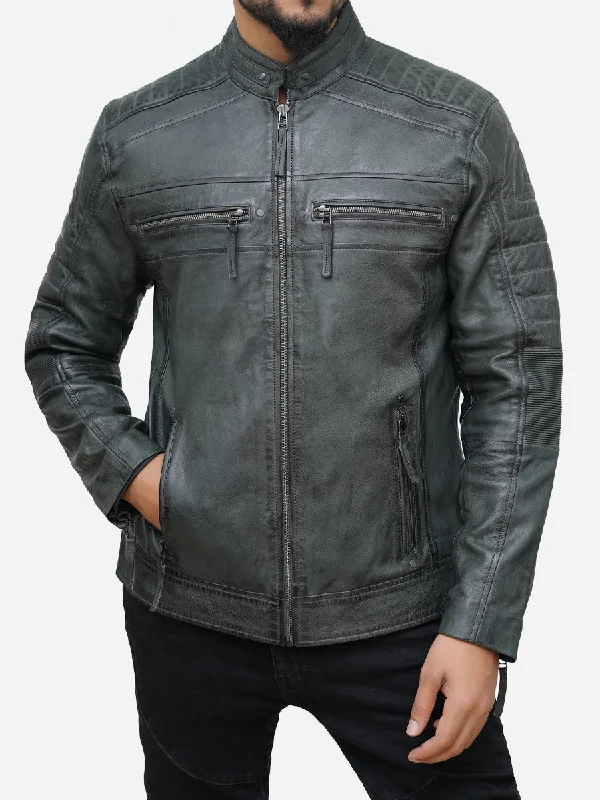 Men's Grey Lambskin Leather Motorcycle Jacket