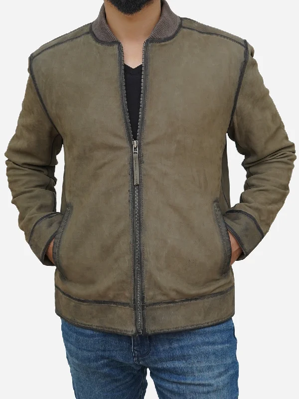 Men's Olive Green Suede Leather Bomber Jacket