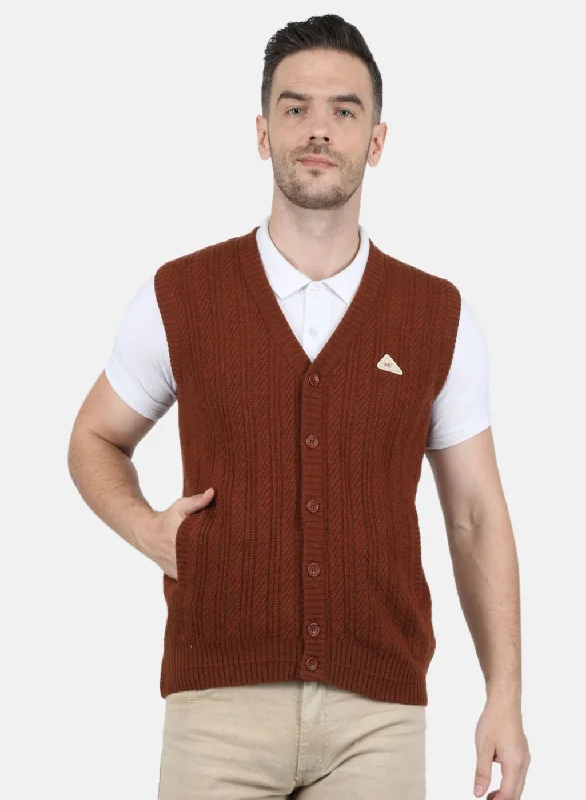 Men Brown Self Design Cardigan