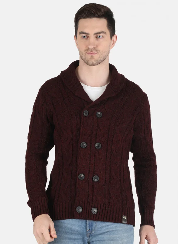 Men Maroon Self Design Cardigan