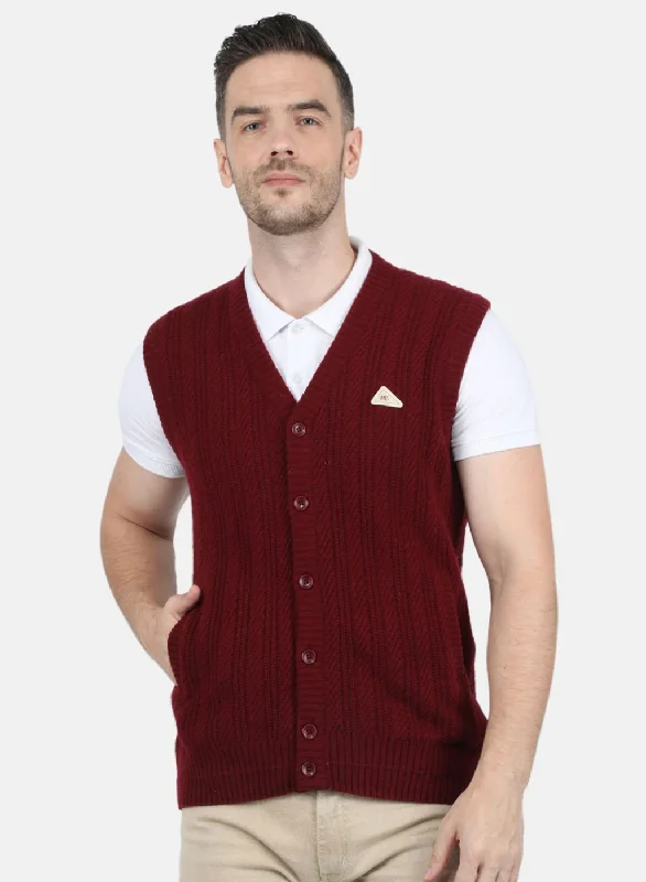 Men Maroon Self Design Cardigan