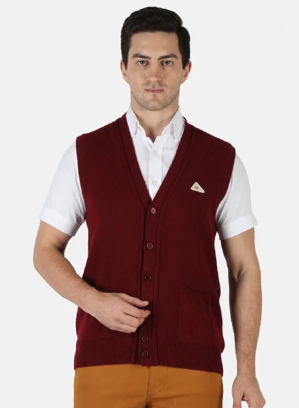 Men Maroon Solid Cardigan