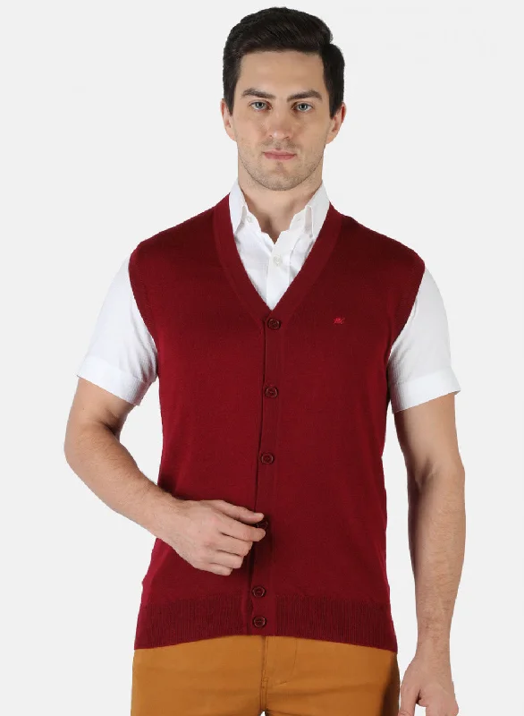 Men Maroon Solid Cardigan