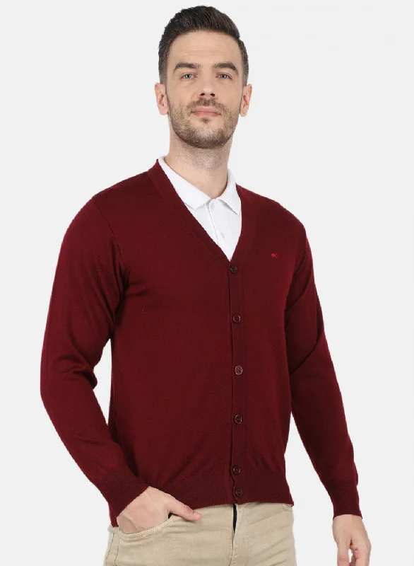 Men Maroon Solid Cardigan