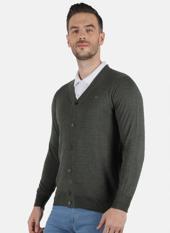 Men Olive Solid Cardigan