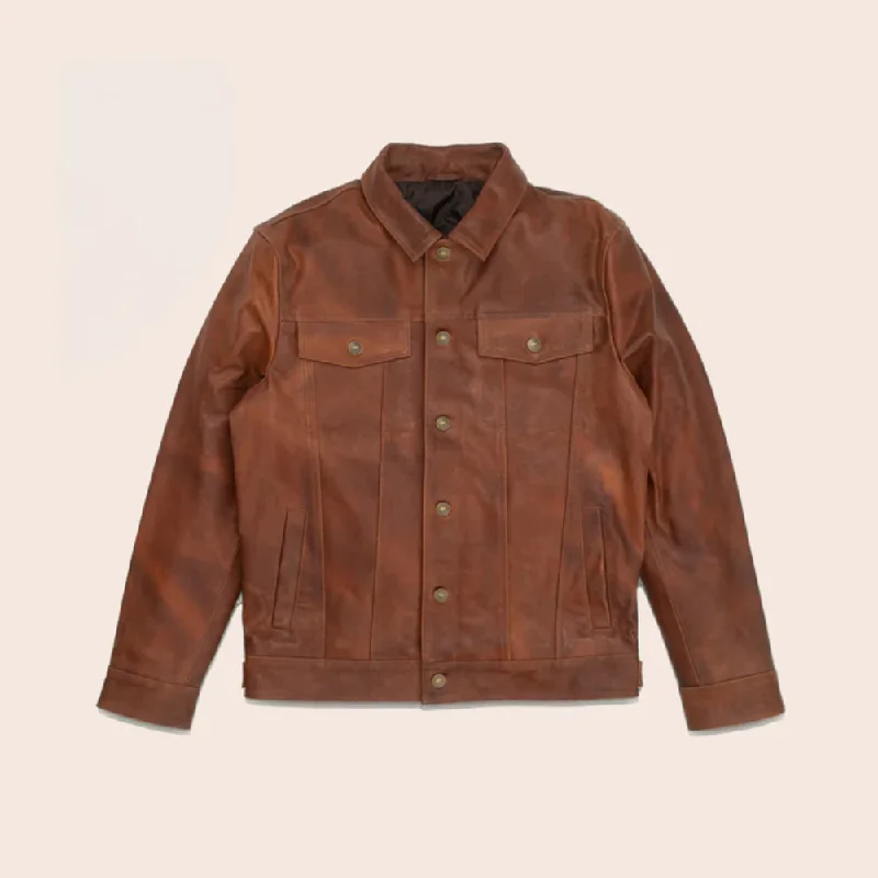 New Men Goatskin Plain Brown Leather Jacket