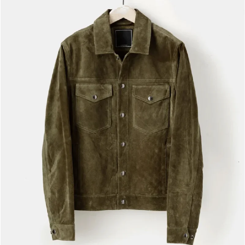 New Men’s Olive Suede Leather Shirt