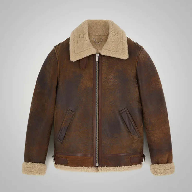 New Mens Brown Distressed Leather Shearling Jacket