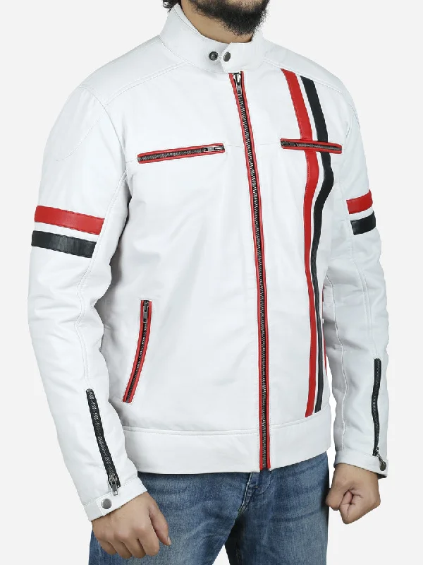 Weston Men's White Cafe Racer Jacket with Red and Black Stripes